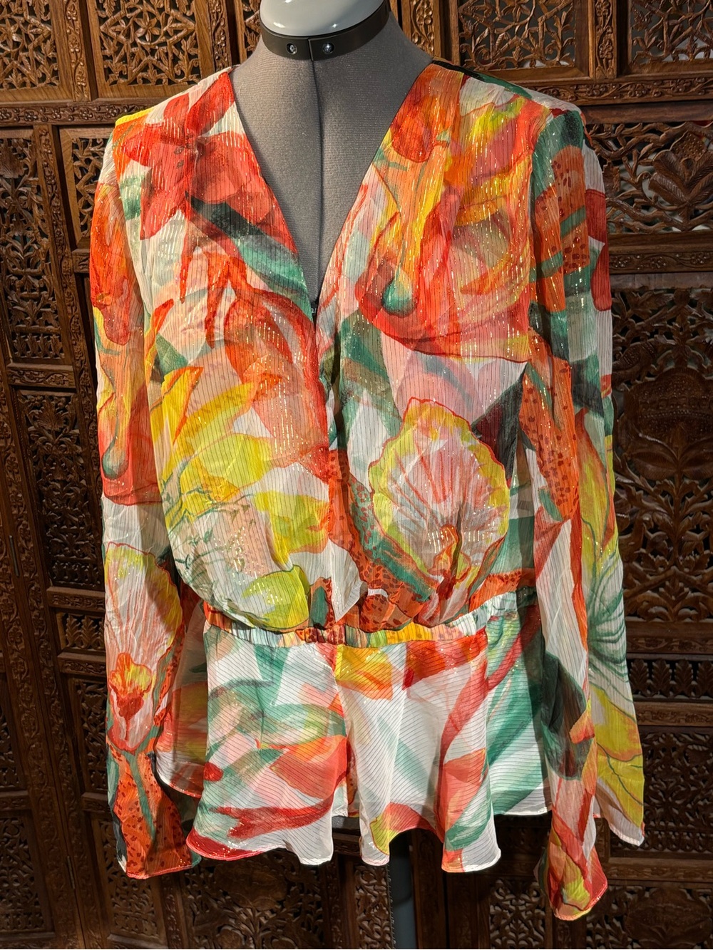 White House Black Market Floral V-Neck Long-Sleeve Peplum Top in Multicolor